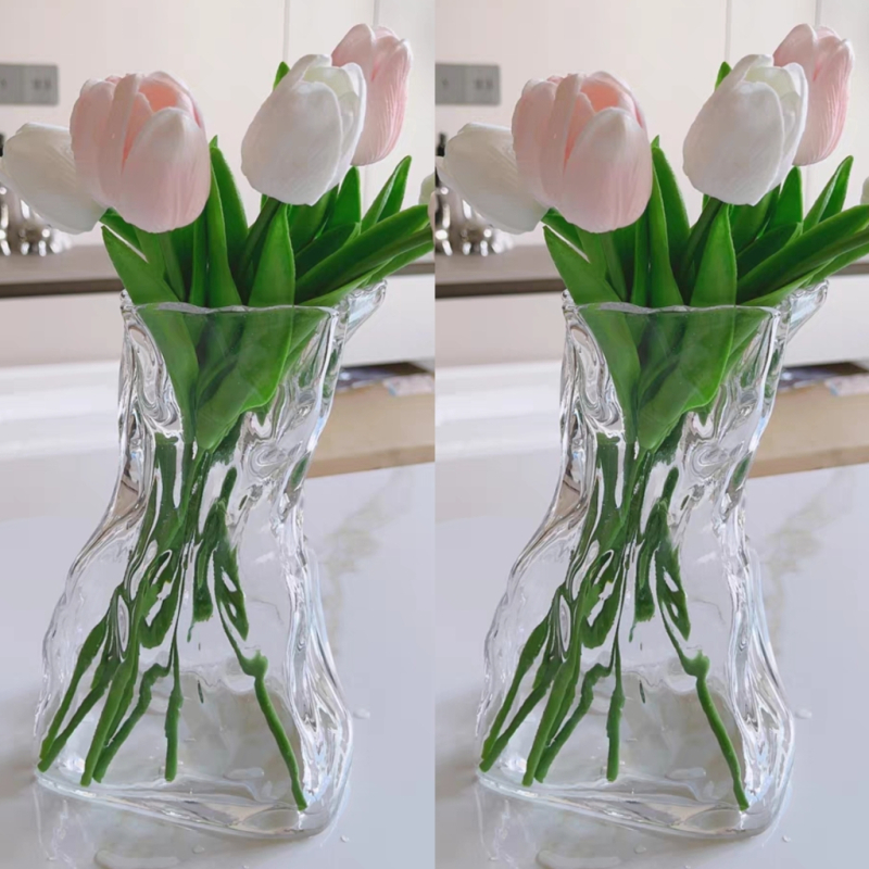 Vază din sticlă transparentă, asimetrică, în stil minimalist, pentru decorul sufrageriei și aranjamente florale