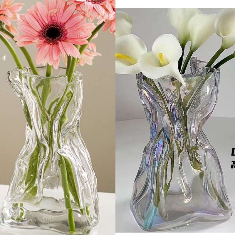 Vază din sticlă transparentă, asimetrică, în stil minimalist, pentru decorul sufrageriei și aranjamente florale