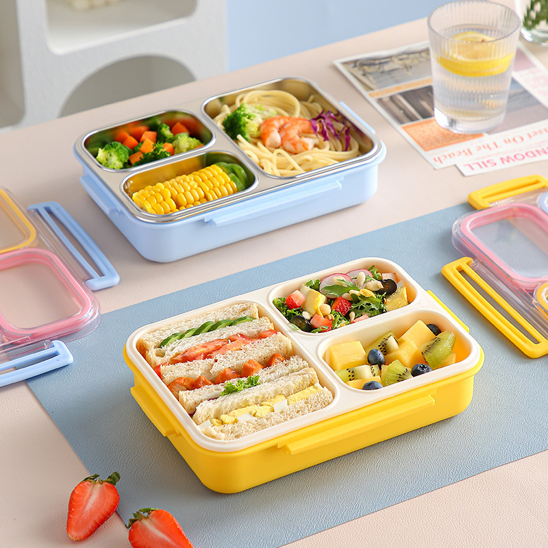 Cutie pentru prânz din oțel inoxidabil, compatibilă cu cuptorul cu microunde, formă dreptunghiulară, capacitate 1–2 L, include tacâm (lingură)