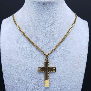 Pandant din oțel inoxidabil, cruce, pentru bărbați, design geometric, culoare aurie, lungime 41-50 cm