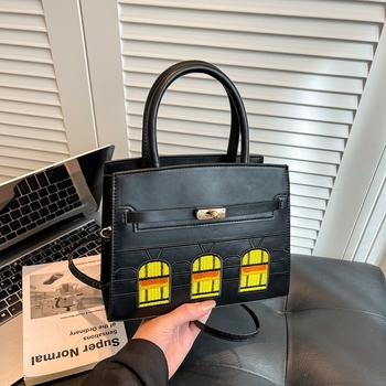 Geantă din piele de crocodil cu finisaj platina, mini geantă în formă de casă cu blocuri de culoare, din piele autentică Kelly, pentru umăr/crossbody, geantă de damă, lux ușor