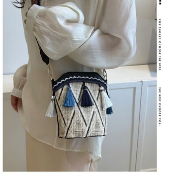 Geantă tipă găleată cu ciucuri, stil etnic, PU, mărime medie, pentru umăr sau crossbody, vară 2023