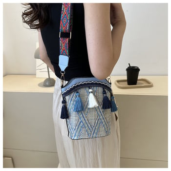 Geantă tipă găleată cu ciucuri, stil etnic, PU, mărime medie, pentru umăr sau crossbody, vară 2023