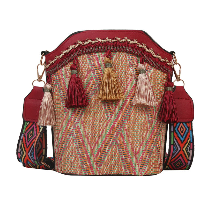 Geantă tipă găleată cu ciucuri, stil etnic, PU, mărime medie, pentru umăr sau crossbody, vară 2023