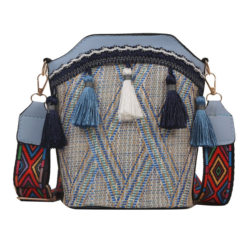 Geantă tipă găleată cu ciucuri, stil etnic, PU, mărime medie, pentru umăr sau crossbody, vară 2023
