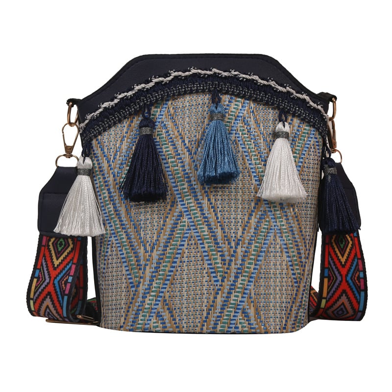 Geantă tipă găleată cu ciucuri, stil etnic, PU, mărime medie, pentru umăr sau crossbody, vară 2023