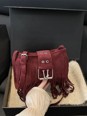 Geantă de umăr din piele cu ciucuri, crossbody, stil Hongkong retro, chic modern