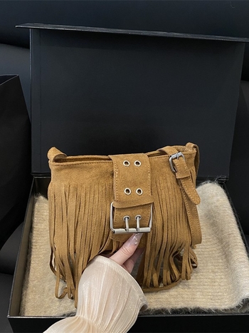 Geantă de umăr din piele cu ciucuri, crossbody, stil Hongkong retro, chic modern