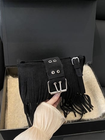 Geantă de umăr din piele cu ciucuri, crossbody, stil Hongkong retro, chic modern
