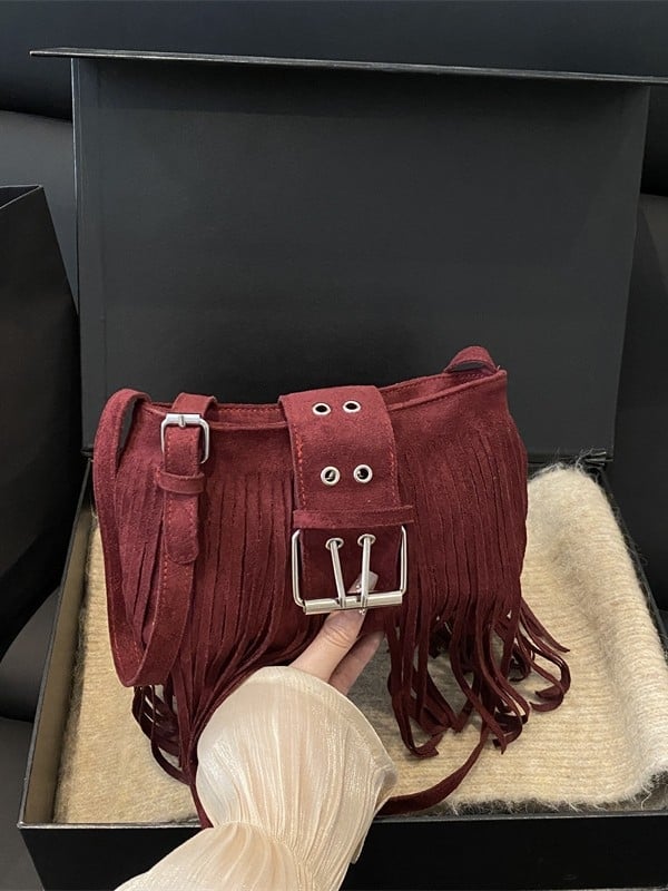 Geantă de umăr din piele cu ciucuri, crossbody, stil Hongkong retro, chic modern