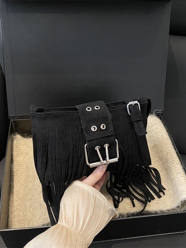 Geantă de umăr din piele cu ciucuri, crossbody, stil Hongkong retro, chic modern