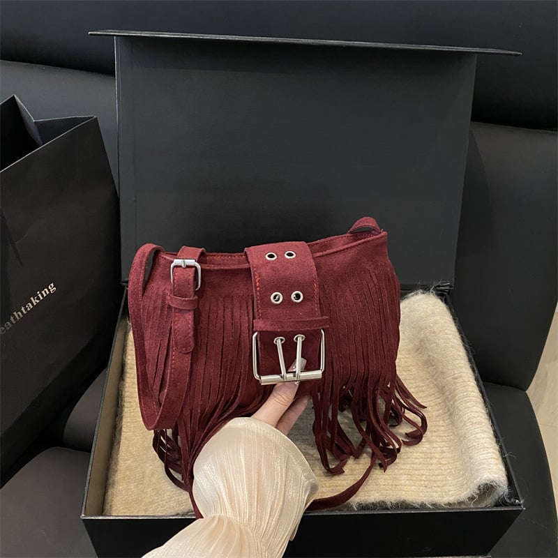 Geantă de umăr din piele cu ciucuri, crossbody, stil Hongkong retro, chic modern