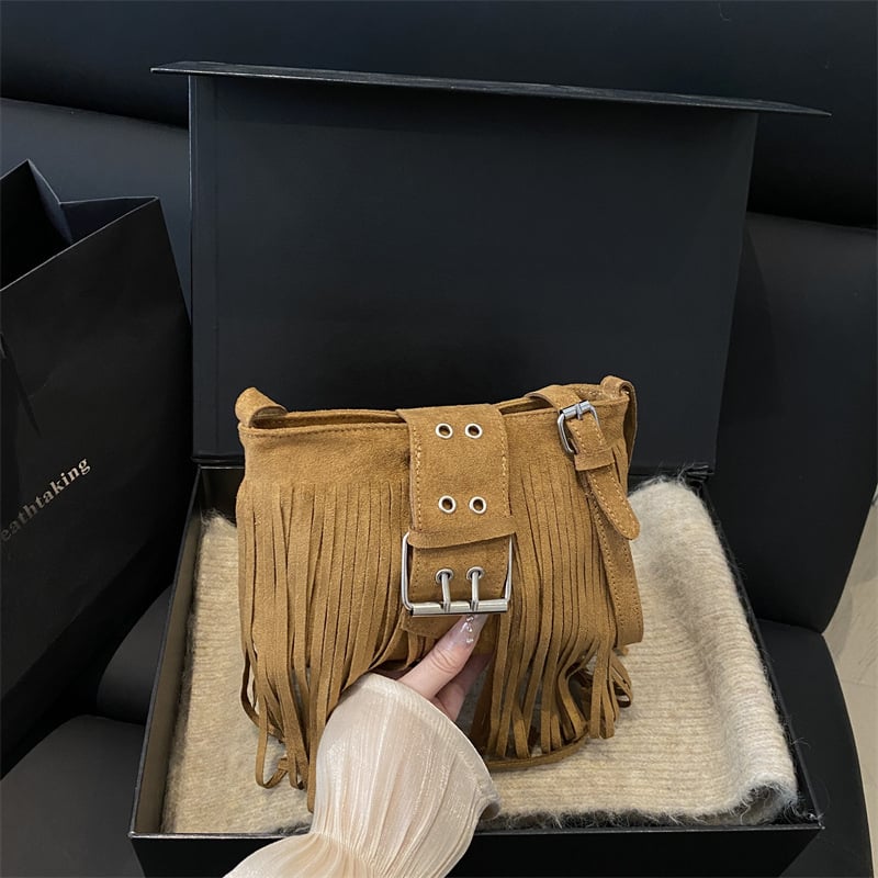Geantă de umăr din piele cu ciucuri, crossbody, stil Hongkong retro, chic modern