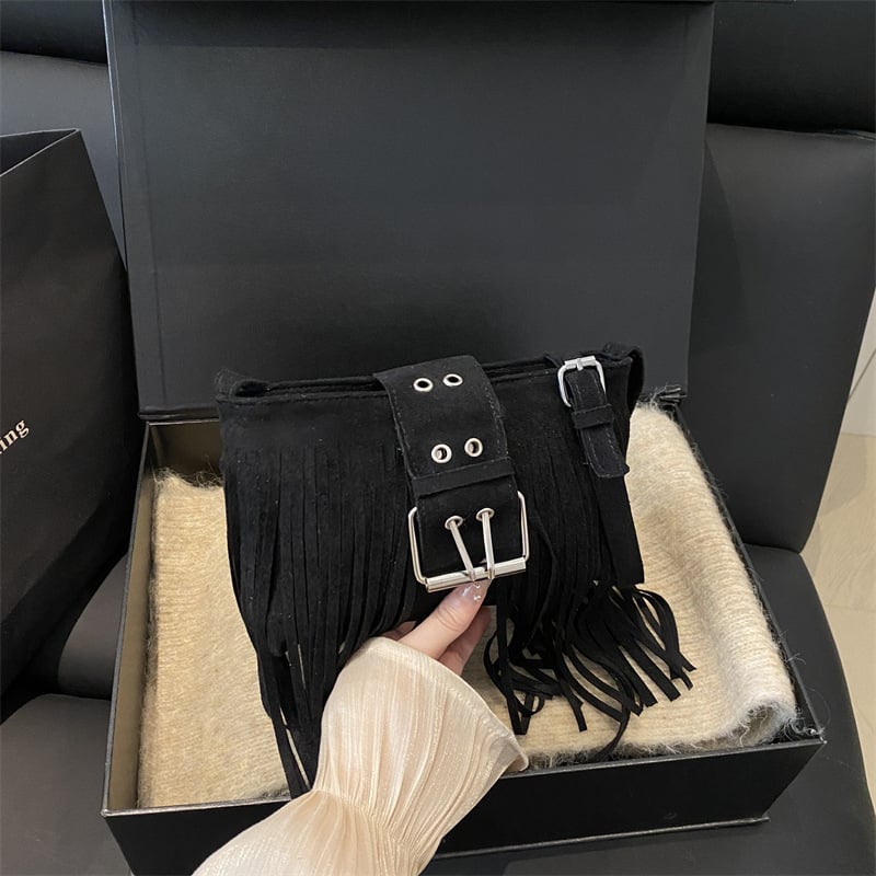 Geantă de umăr din piele cu ciucuri, crossbody, stil Hongkong retro, chic modern