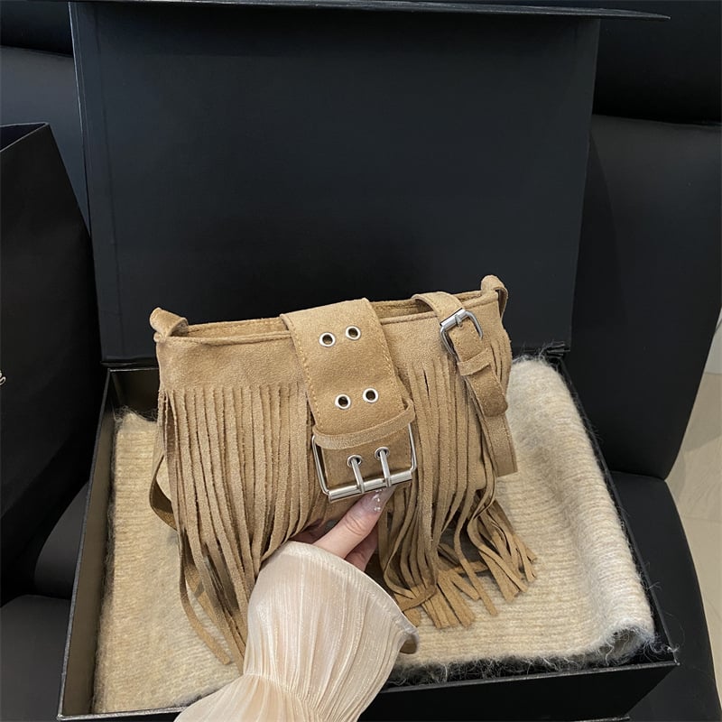 Geantă de umăr din piele cu ciucuri, crossbody, stil Hongkong retro, chic modern