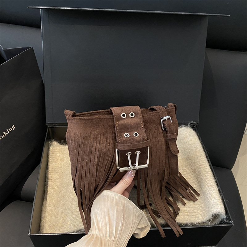 Geantă de umăr din piele cu ciucuri, crossbody, stil Hongkong retro, chic modern