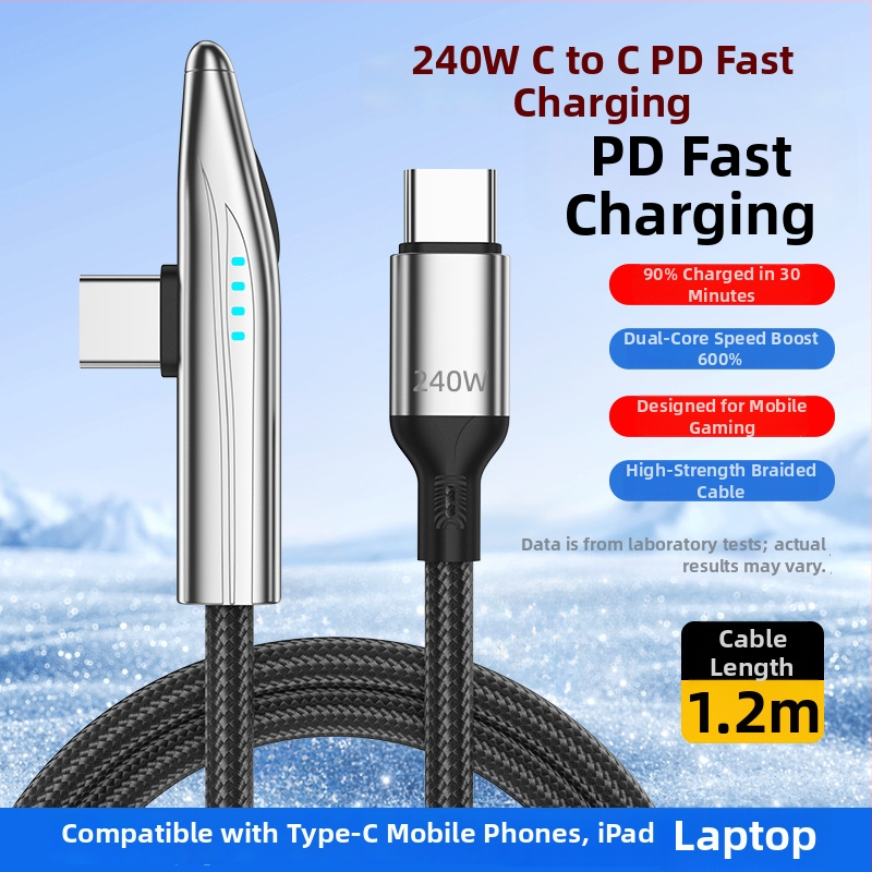240W USB-C kabel s 90° kutem za brzo punjenje Huawei Type-C i prijenos podataka, kompatibilan s OnePlus, pleteni kabel s indikatorom