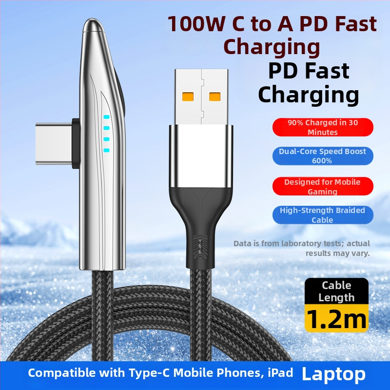 240W USB-C kabel s 90° kutem za brzo punjenje Huawei Type-C i prijenos podataka, kompatibilan s OnePlus, pleteni kabel s indikatorom