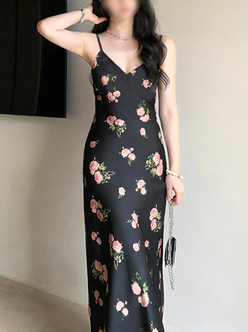 Q177 Rochie de plajă din chiffon, mărime plus, imprimeu roz cu trandafiri, bretele, croială A-line, decolteu în V, primăvară-vară
