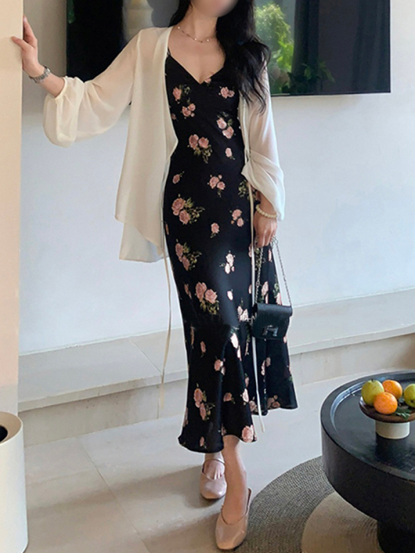 Q177 Rochie de plajă din chiffon, mărime plus, imprimeu roz cu trandafiri, bretele, croială A-line, decolteu în V, primăvară-vară