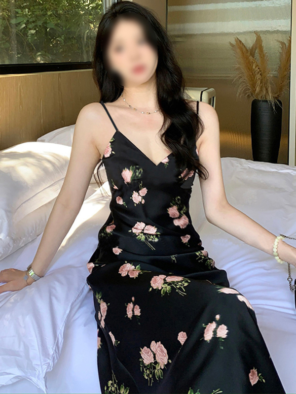 Q177 Rochie de plajă din chiffon, mărime plus, imprimeu roz cu trandafiri, bretele, croială A-line, decolteu în V, primăvară-vară