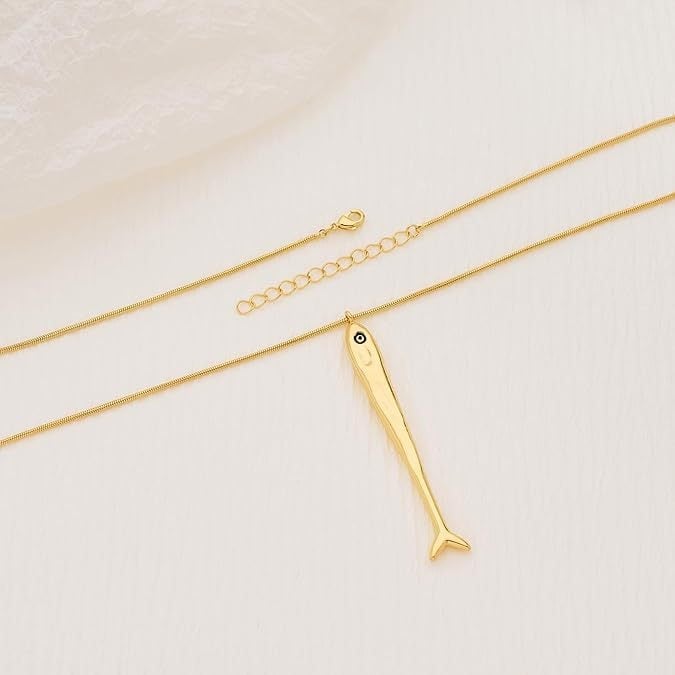 Colier cu pandantiv sardină din aliaj de zinc, nuanță auriu
