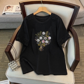 Tricou dama din bumbac, mâneci scurte, guler rotund, lungime medie, mărime L, model cu funda și plante și flori