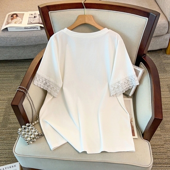Tricou dama din bumbac, mâneci scurte, guler rotund, lungime medie, mărime L, model cu funda și plante și flori