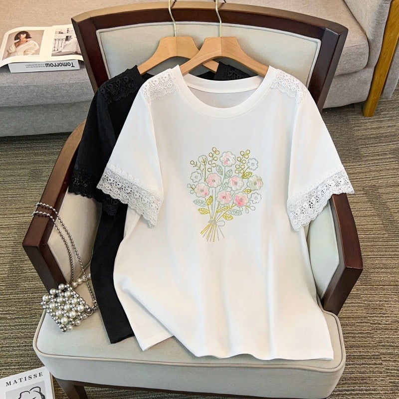 Tricou dama din bumbac, mâneci scurte, guler rotund, lungime medie, mărime L, model cu funda și plante și flori