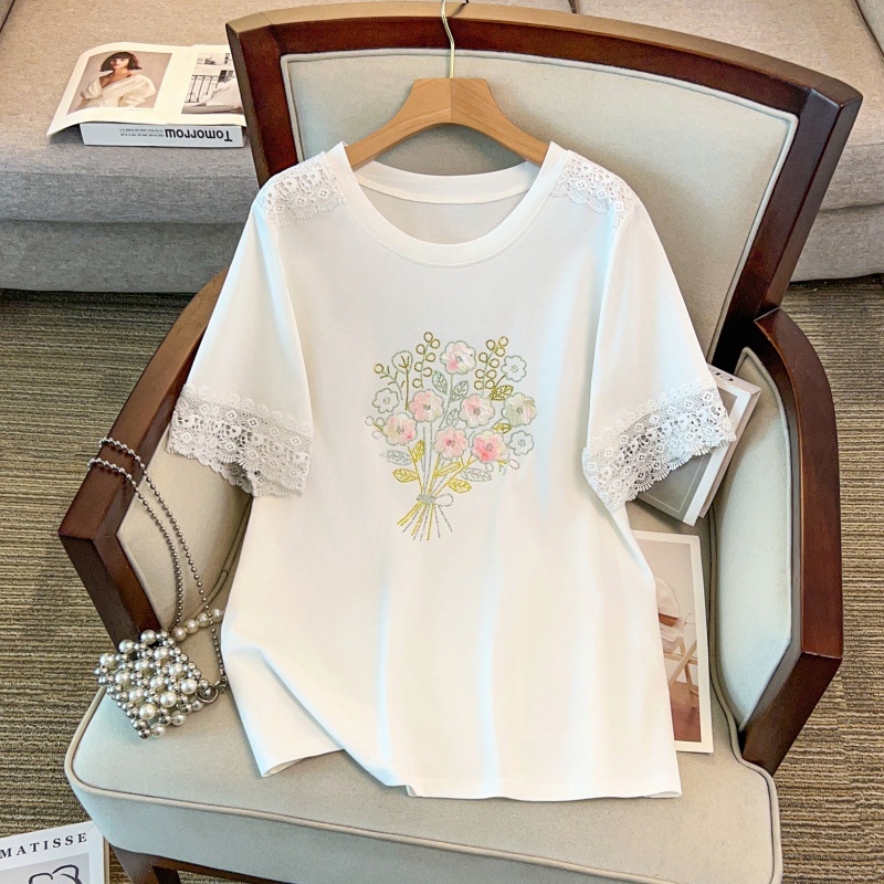 Tricou dama din bumbac, mâneci scurte, guler rotund, lungime medie, mărime L, model cu funda și plante și flori