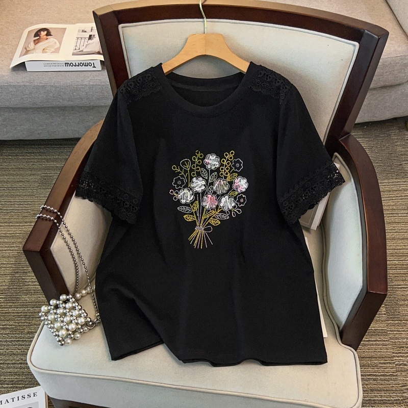 Tricou dama din bumbac, mâneci scurte, guler rotund, lungime medie, mărime L, model cu funda și plante și flori
