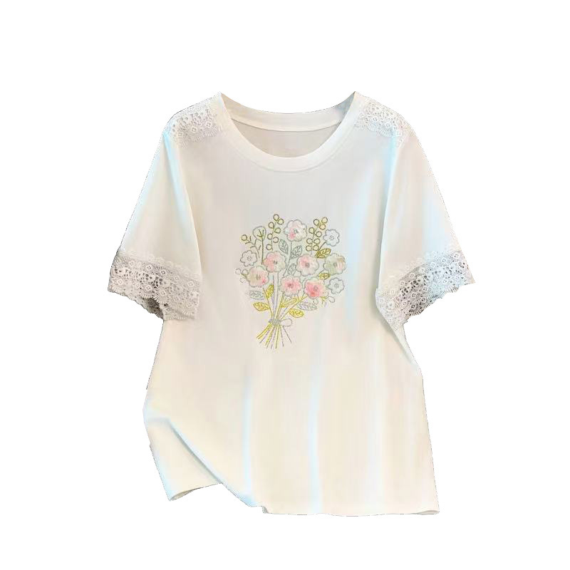 Tricou dama din bumbac, mâneci scurte, guler rotund, lungime medie, mărime L, model cu funda și plante și flori