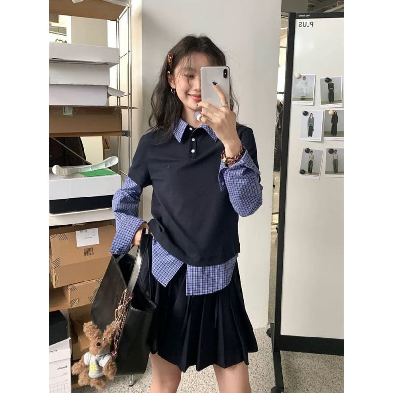 Set de două piese, top cu guler de cămașă și fustă plisată, stil colegial, inspirație coreeană, toamnă 2025