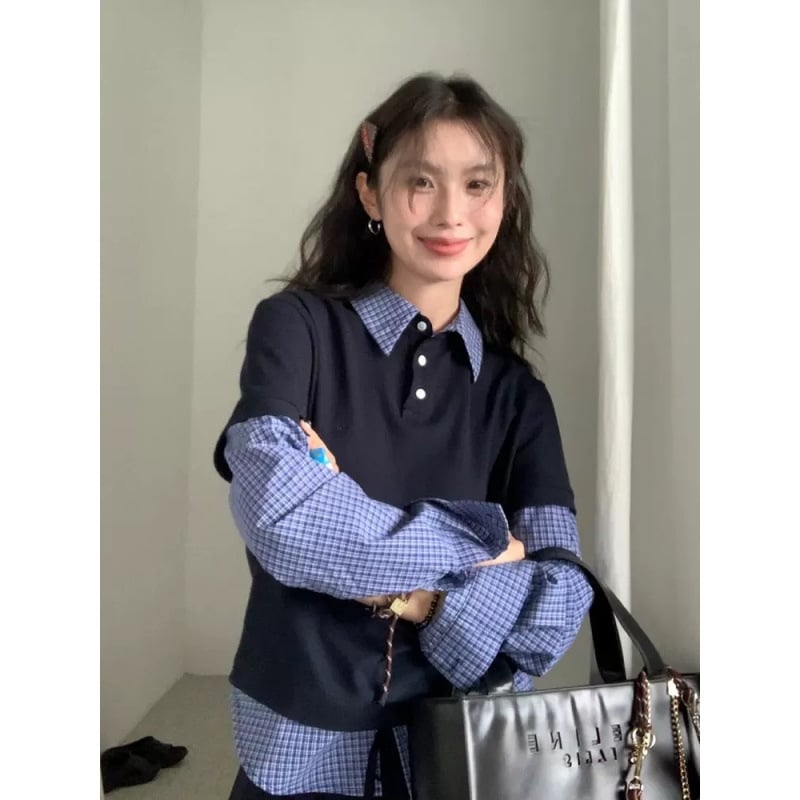 Set de două piese, top cu guler de cămașă și fustă plisată, stil colegial, inspirație coreeană, toamnă 2025