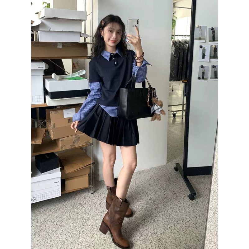 Set de două piese, top cu guler de cămașă și fustă plisată, stil colegial, inspirație coreeană, toamnă 2025