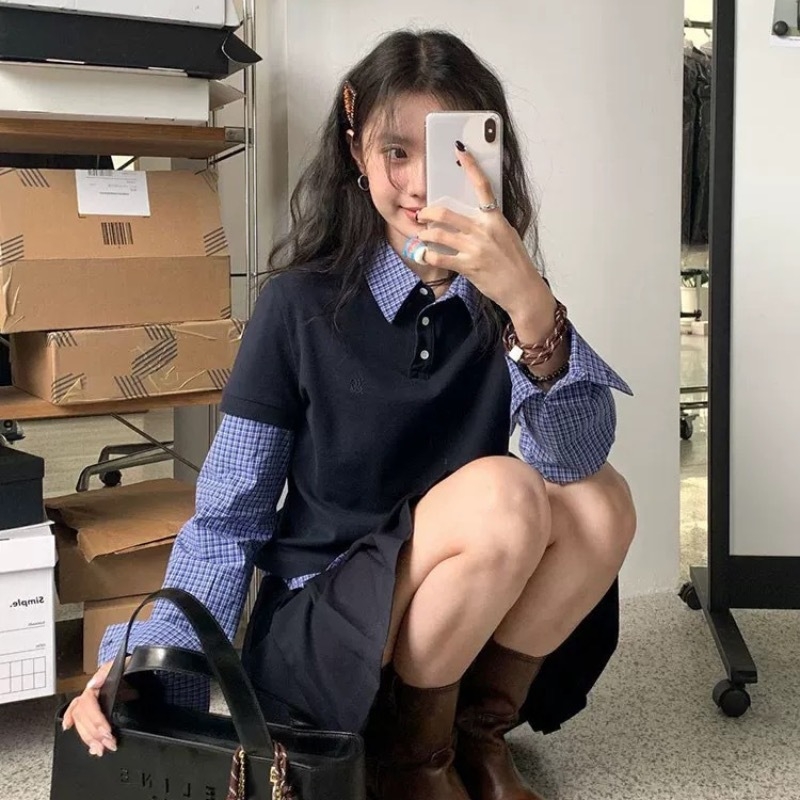 Set de două piese, top cu guler de cămașă și fustă plisată, stil colegial, inspirație coreeană, toamnă 2025