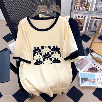 Top tricot Ice Silk pentru femei, mărime mare, vară, guler rotund, mâneci 3/4, 8178