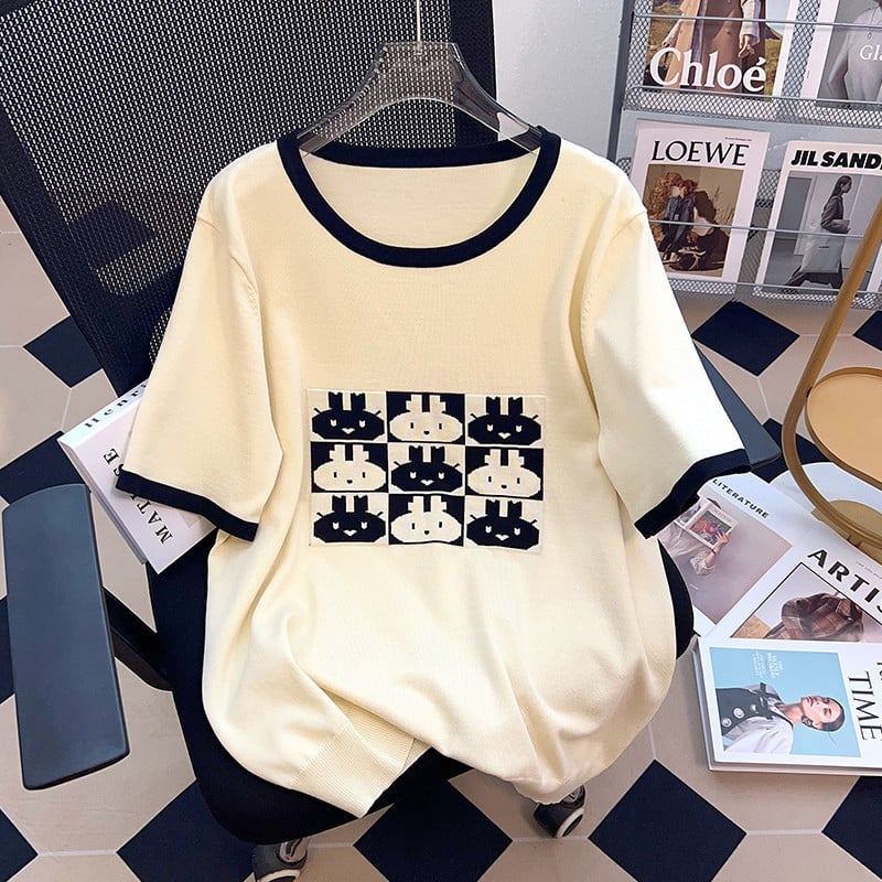Top tricot Ice Silk pentru femei, mărime mare, vară, guler rotund, mâneci 3/4, 8178