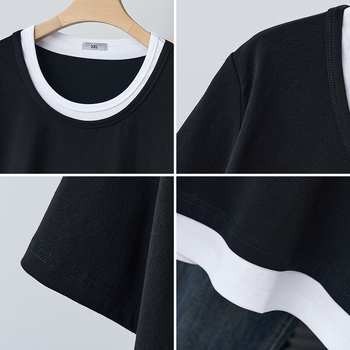 Modă de vară nouă pentru femei plus size, tricou casual cu glugă, design fals din două părți cu panouri, S5628