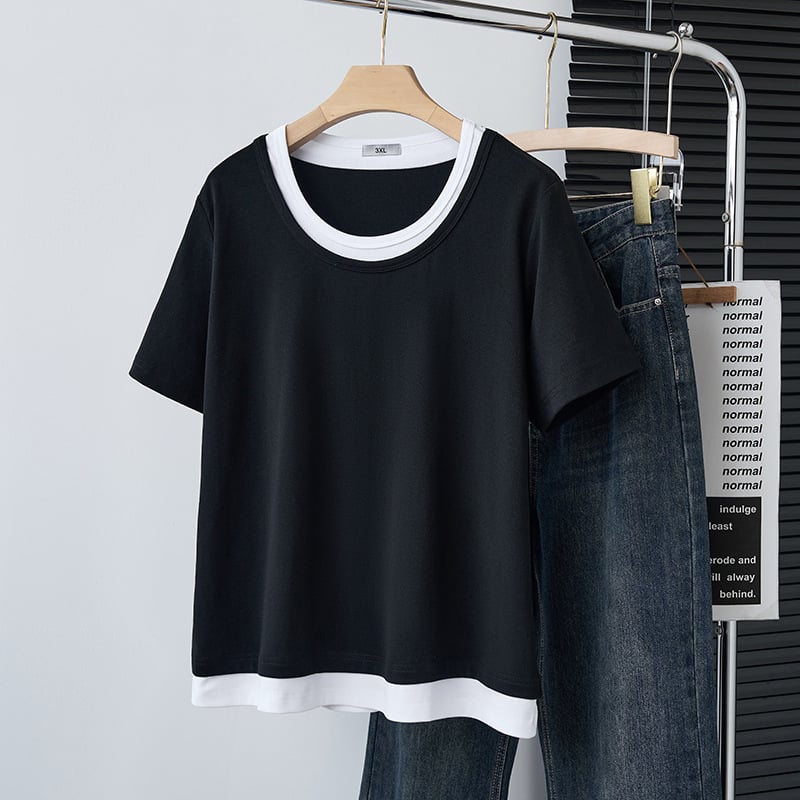 Modă de vară nouă pentru femei plus size, tricou casual cu glugă, design fals din două părți cu panouri, S5628