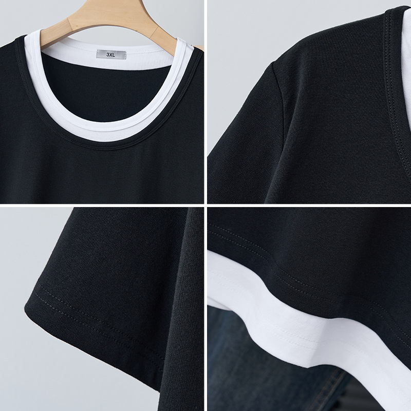 Modă de vară nouă pentru femei plus size, tricou casual cu glugă, design fals din două părți cu panouri, S5628