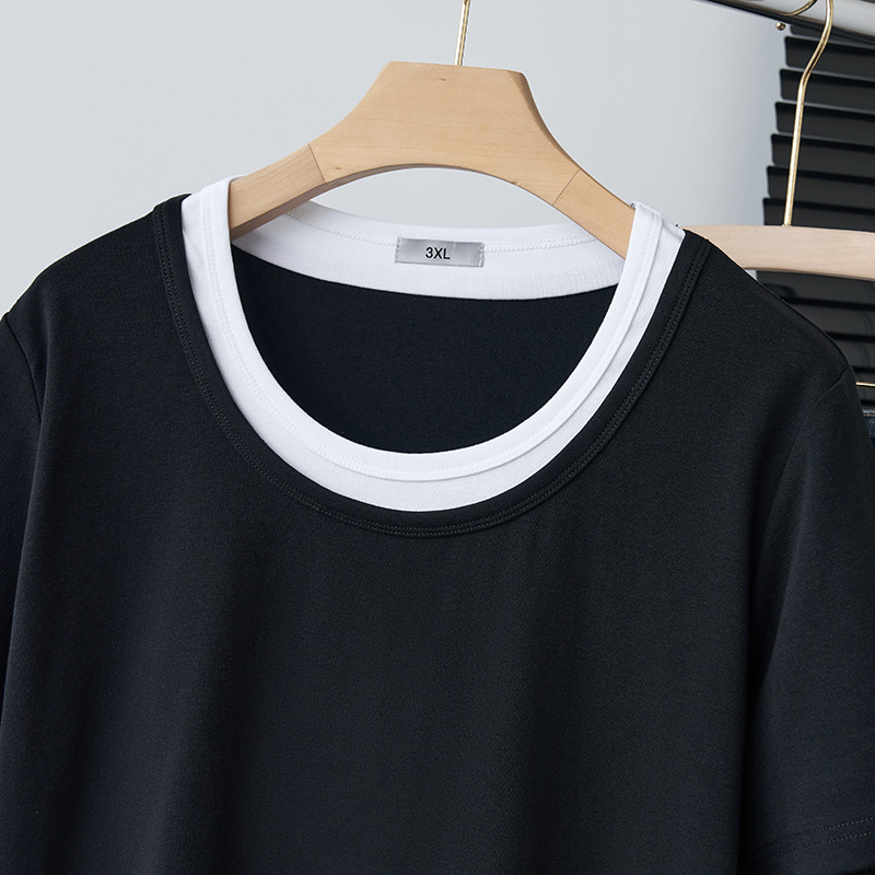 Modă de vară nouă pentru femei plus size, tricou casual cu glugă, design fals din două părți cu panouri, S5628