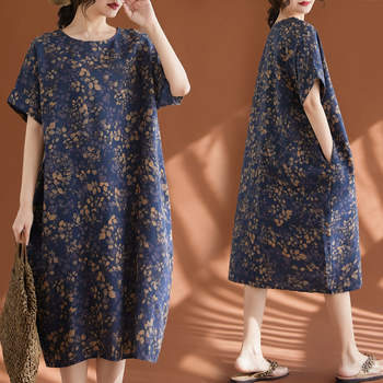 Rochie de damă mărime mare din bumbac și in, stil etnic retro, casual, albă
