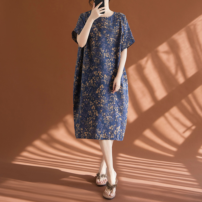 Rochie de damă mărime mare din bumbac și in, stil etnic retro, casual, albă