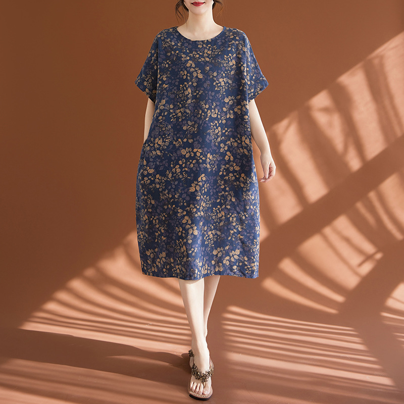 Rochie de damă mărime mare din bumbac și in, stil etnic retro, casual, albă