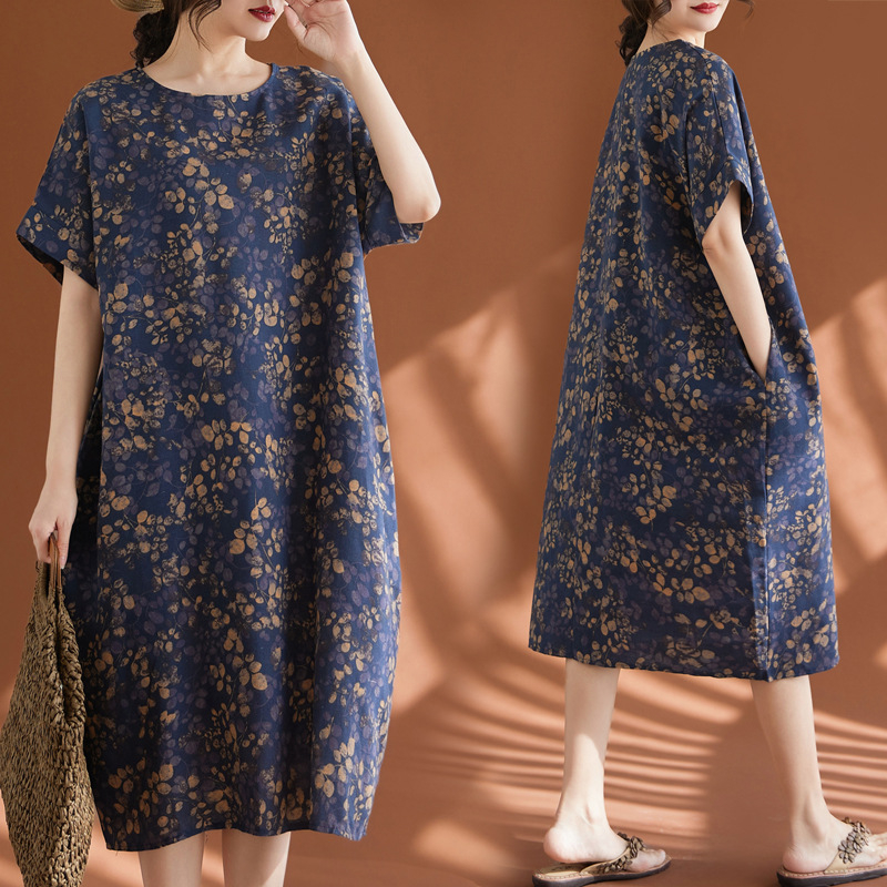 Rochie de damă mărime mare din bumbac și in, stil etnic retro, casual, albă