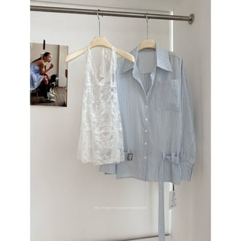 Set pentru femei: bluză în dungi și fustă din dantelă, alb, colecție primăvară, elegant și versatil