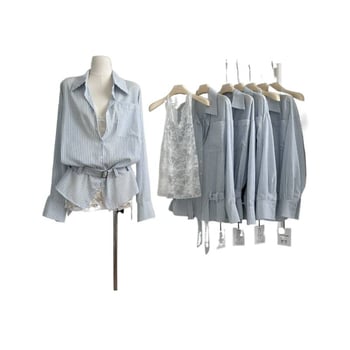 Set pentru femei: bluză în dungi și fustă din dantelă, alb, colecție primăvară, elegant și versatil