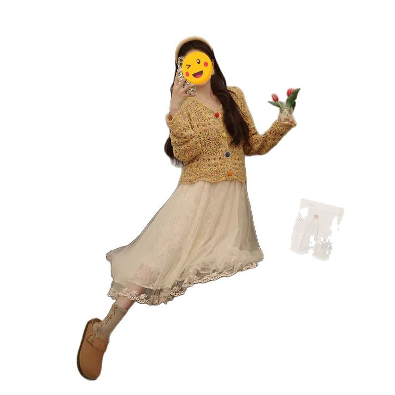 Set de două piese pentru femei: cardigan tricotat și rochie în stil Chanel, primăvară, siluetă flatează, două piese