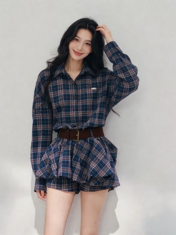 Set two-piece pentru femei: rochie-bluză în carouri cu guler polo și fustă scurtă